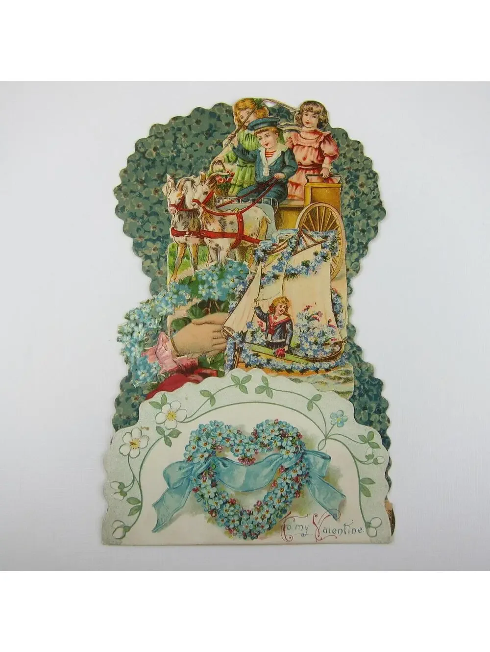 Antique Valentine Honeycomb 3D Pop Up Ship Boy Sailor Suit Girls Carriage LARGE